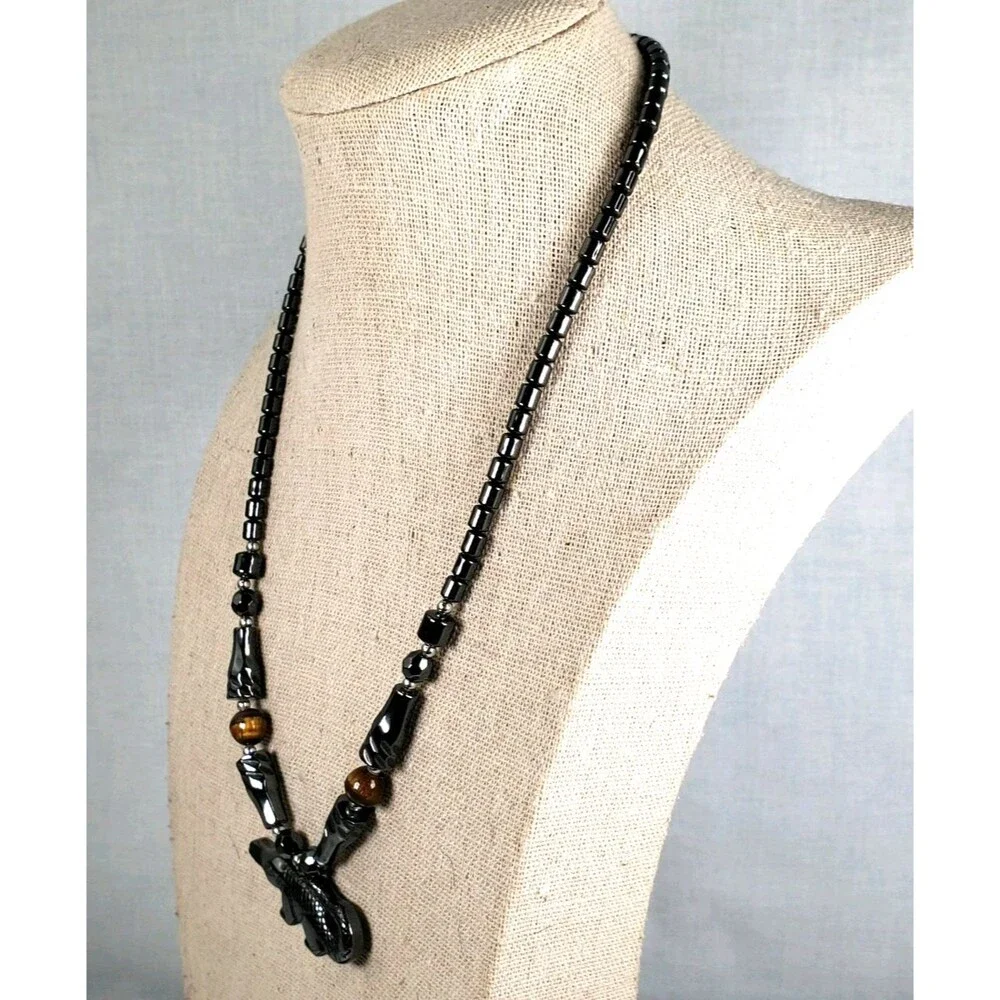 Carved Hematite & Tigers Eye Gator Pendant 17
